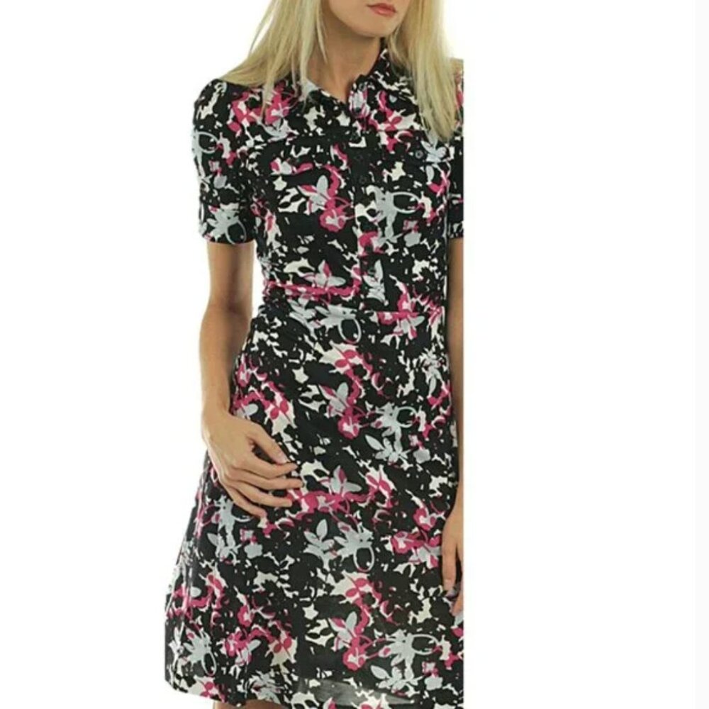Diane Von Furstenberg Polly Dee Silk Shirt Dress Size 6 Black Pink Floral